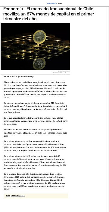 Economa.- El mercado transaccional de Chile moviliza un 67% menos de capital en el primer trimestre del ao